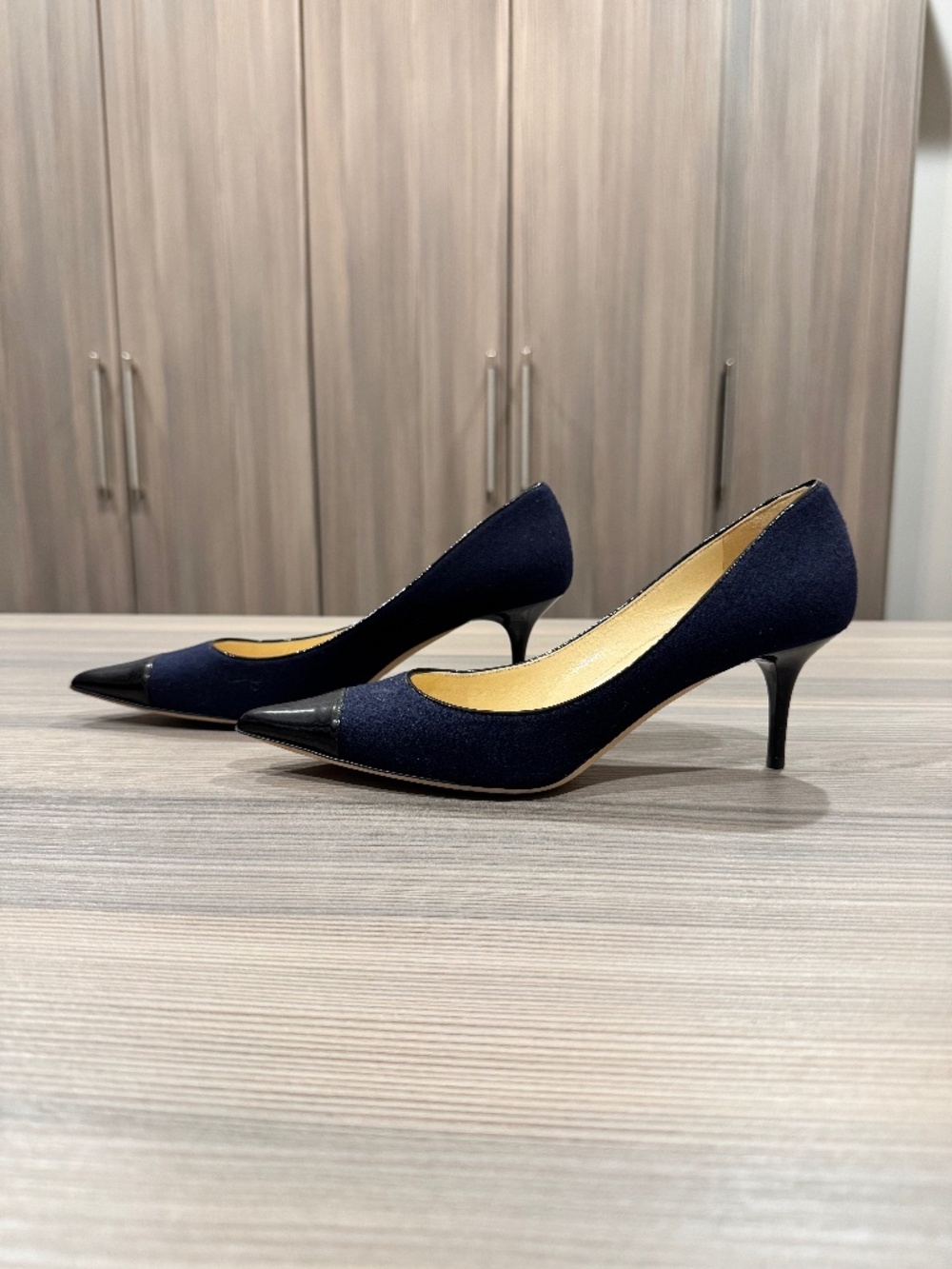 Jimmy Choo Navy/Black, Flannel/Patent Anvil Pumps US8.5